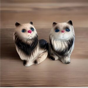 Vintage Ceramic Cat Figurines – Longhair Pair with Blue Eyes, Black & White